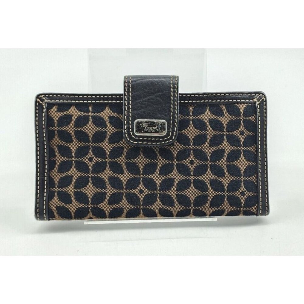 Vintage Fossil Wallet Bi-Fold Brown Textile/Leather Snap Front Zip Pocket 7"x4"